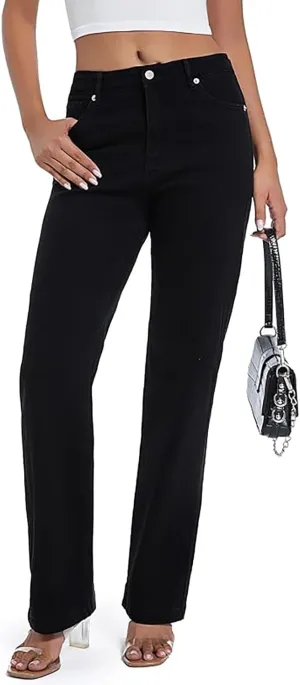 Tsher Womens Jeans Mid Waisted Straight Leg Loose Stretchy Lightweight Tummy Control Trendy Jeans for Women