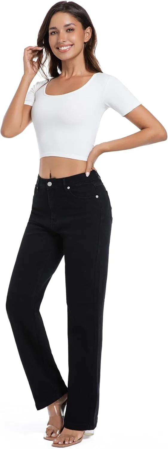 Tsher Womens Jeans Mid Waisted Straight Leg Loose Stretchy Lightweight Tummy Control Trendy Jeans for Women