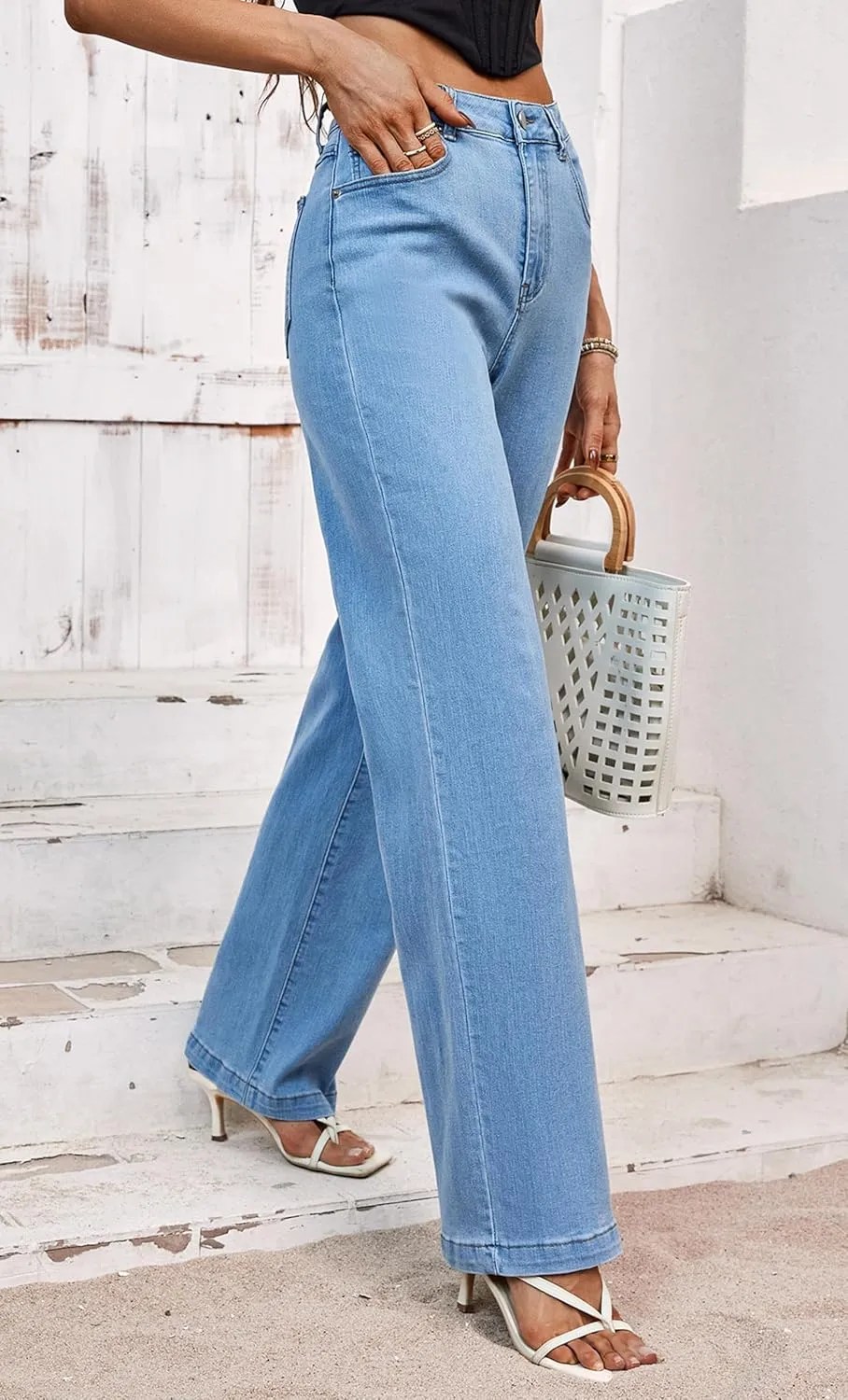 Tsher Womens Jeans Mid Waisted Straight Leg Loose Stretchy Lightweight Tummy Control Trendy Jeans for Women