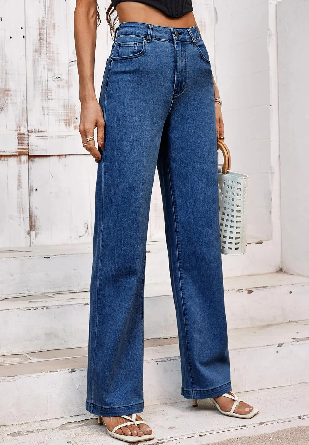 Tsher Womens Jeans Mid Waisted Straight Leg Loose Stretchy Lightweight Tummy Control Trendy Jeans for Women