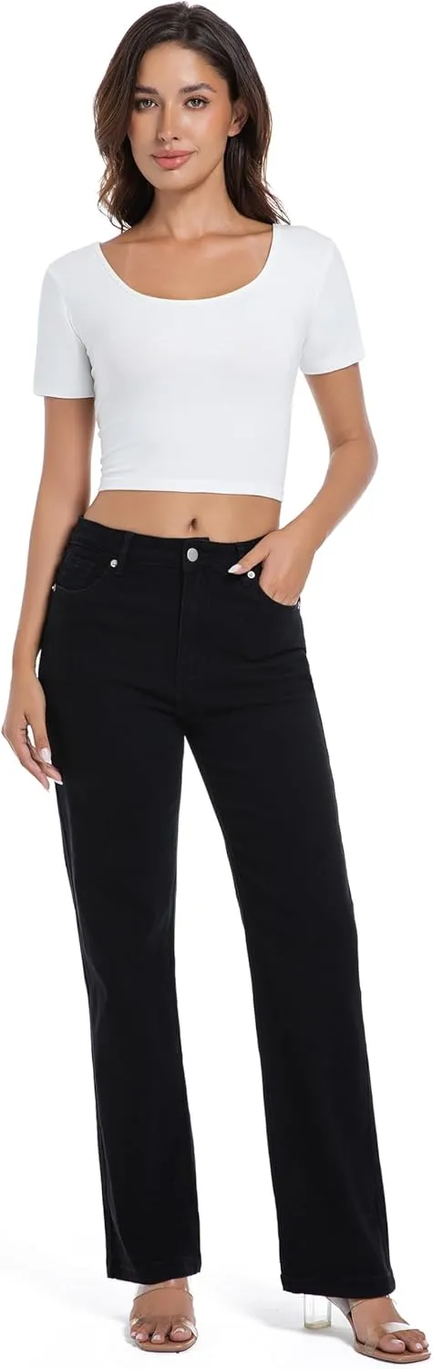 Tsher Womens Jeans Mid Waisted Straight Leg Loose Stretchy Lightweight Tummy Control Trendy Jeans for Women