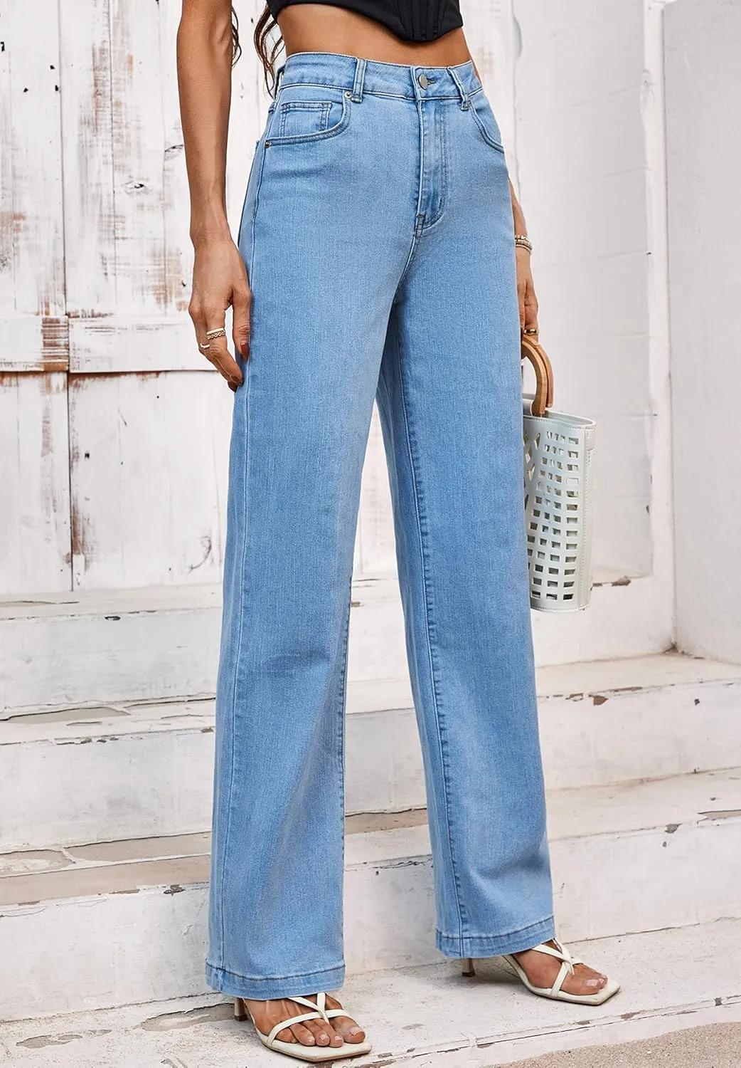 Tsher Womens Jeans Mid Waisted Straight Leg Loose Stretchy Lightweight Tummy Control Trendy Jeans for Women