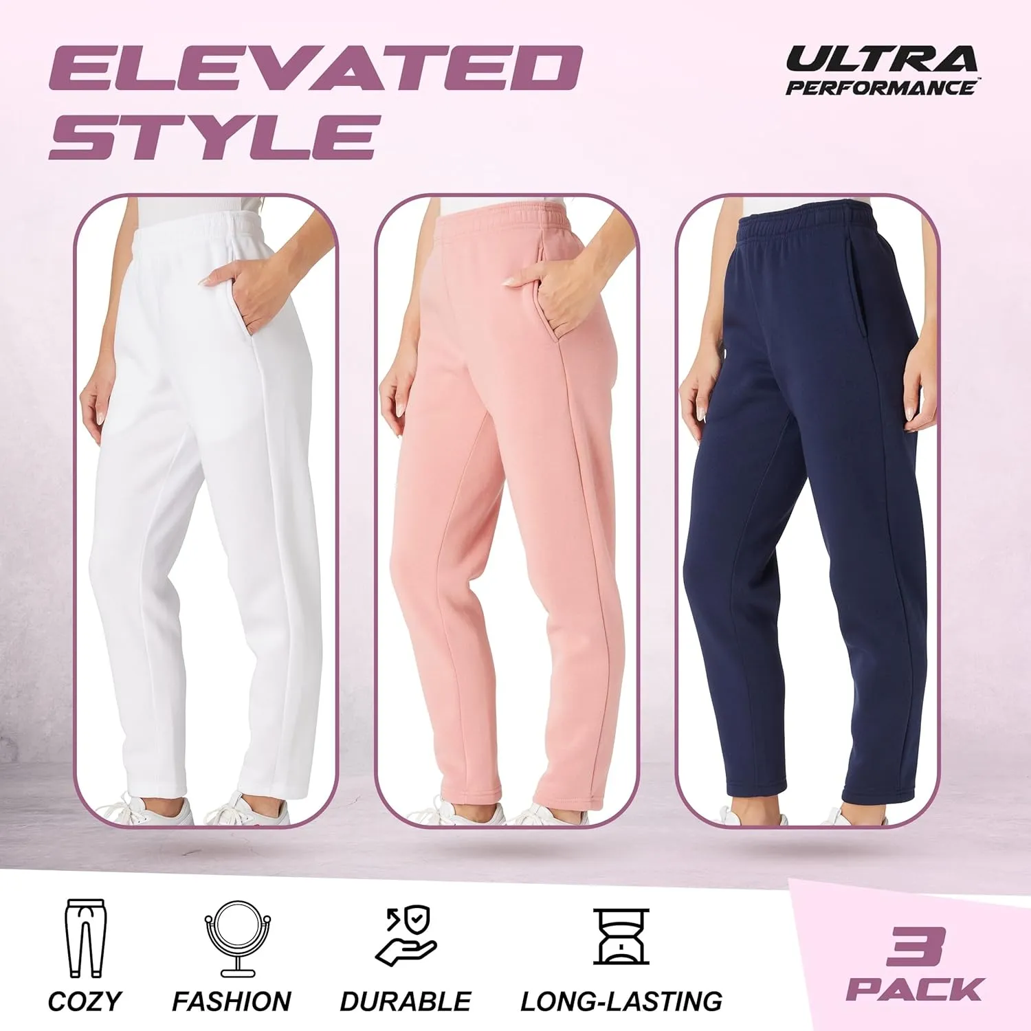 Ultra Performance Womens Sweatpants Open Bottom Sweat Pants for Women, 3 Pack Lounge Pants Women (Plus Size)