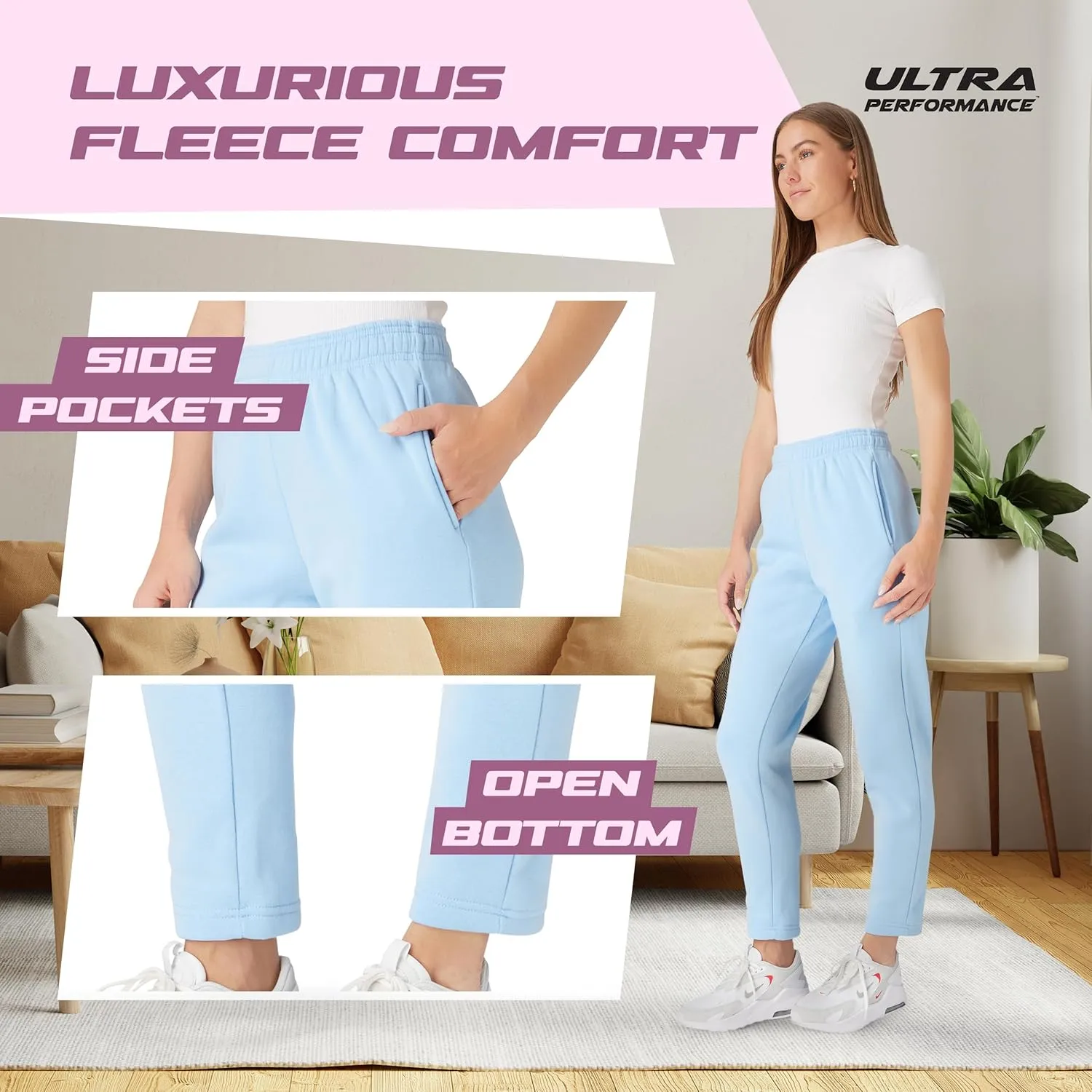 Ultra Performance Womens Sweatpants Open Bottom Sweat Pants for Women, 3 Pack Lounge Pants Women (Plus Size)