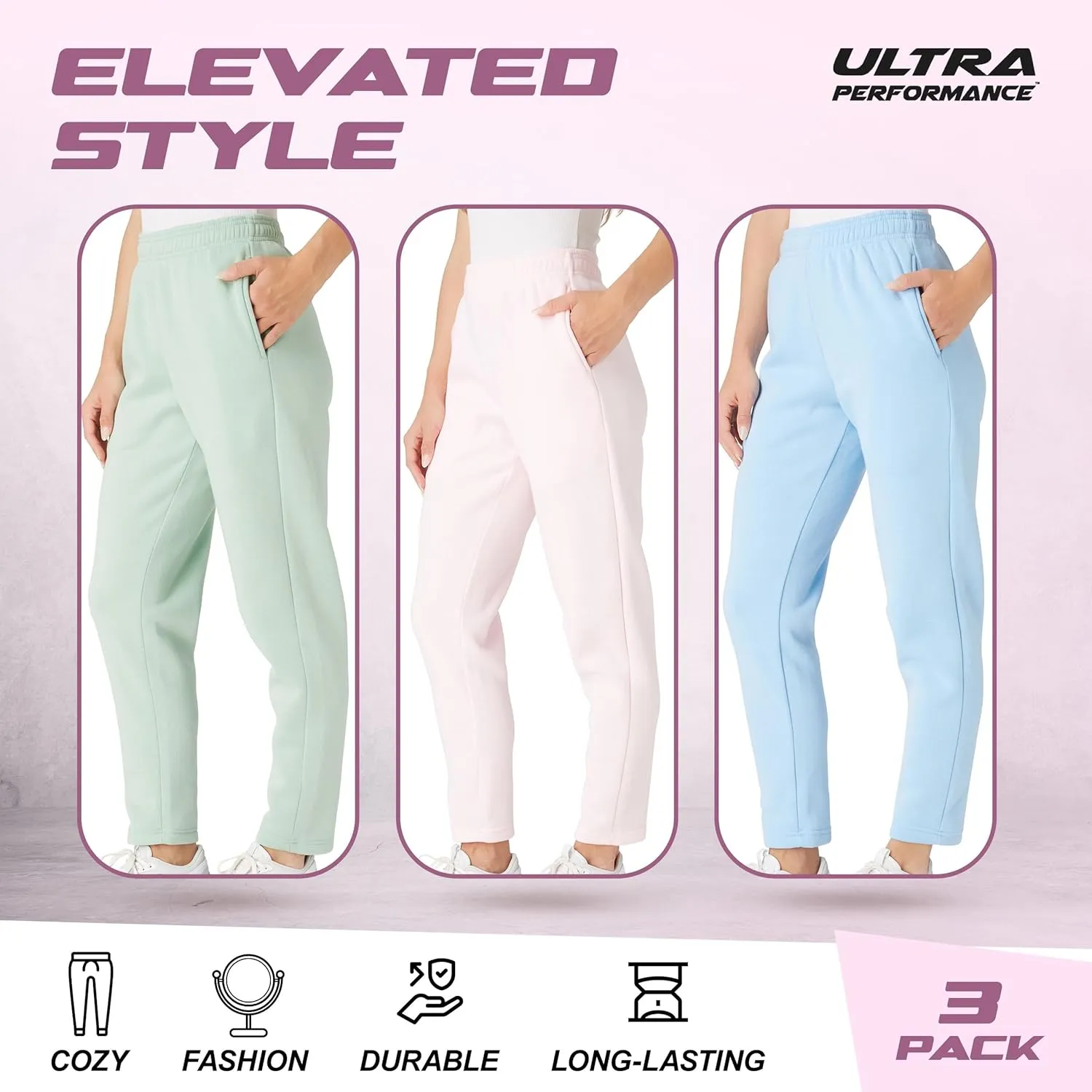 Ultra Performance Womens Sweatpants Open Bottom Sweat Pants for Women, 3 Pack Lounge Pants Women (Plus Size)