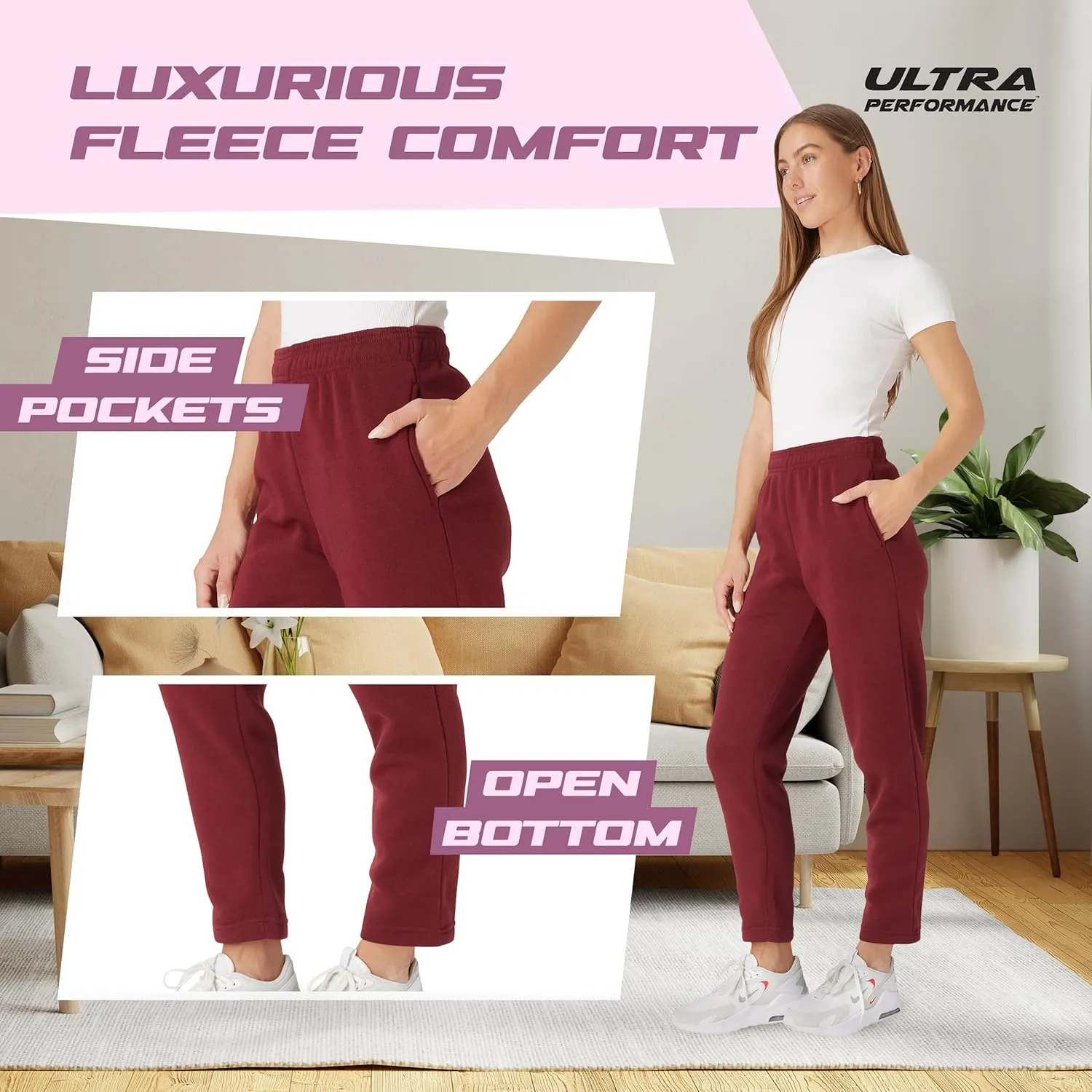 Ultra Performance Womens Sweatpants Open Bottom Sweat Pants for Women, 3 Pack Lounge Pants Women (Plus Size)