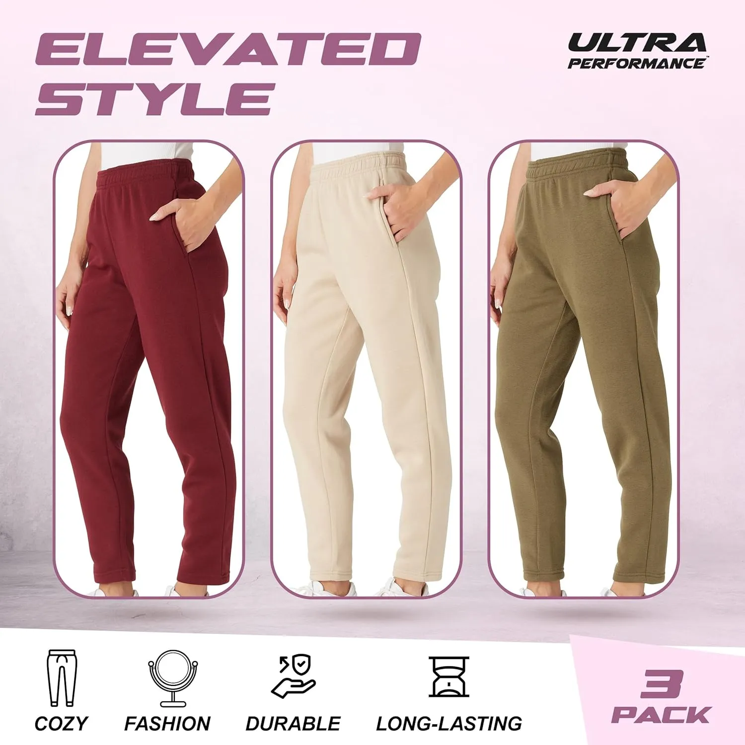 Ultra Performance Womens Sweatpants Open Bottom Sweat Pants for Women, 3 Pack Lounge Pants Women (Plus Size)