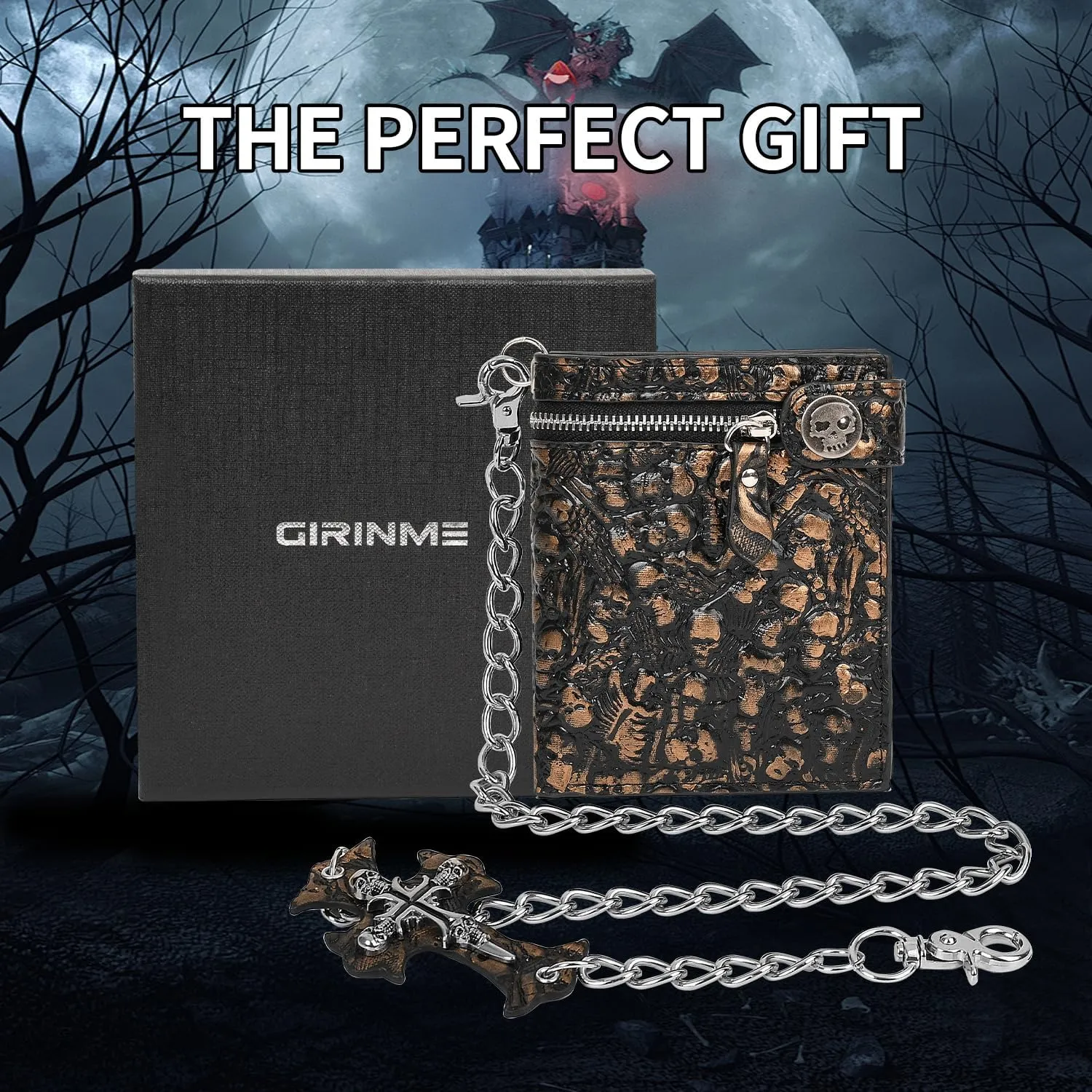 Unisex Gothic Punk Skull Chain Wallet - Bifold Faux Leather, Halloween Goth Accessories - Gold