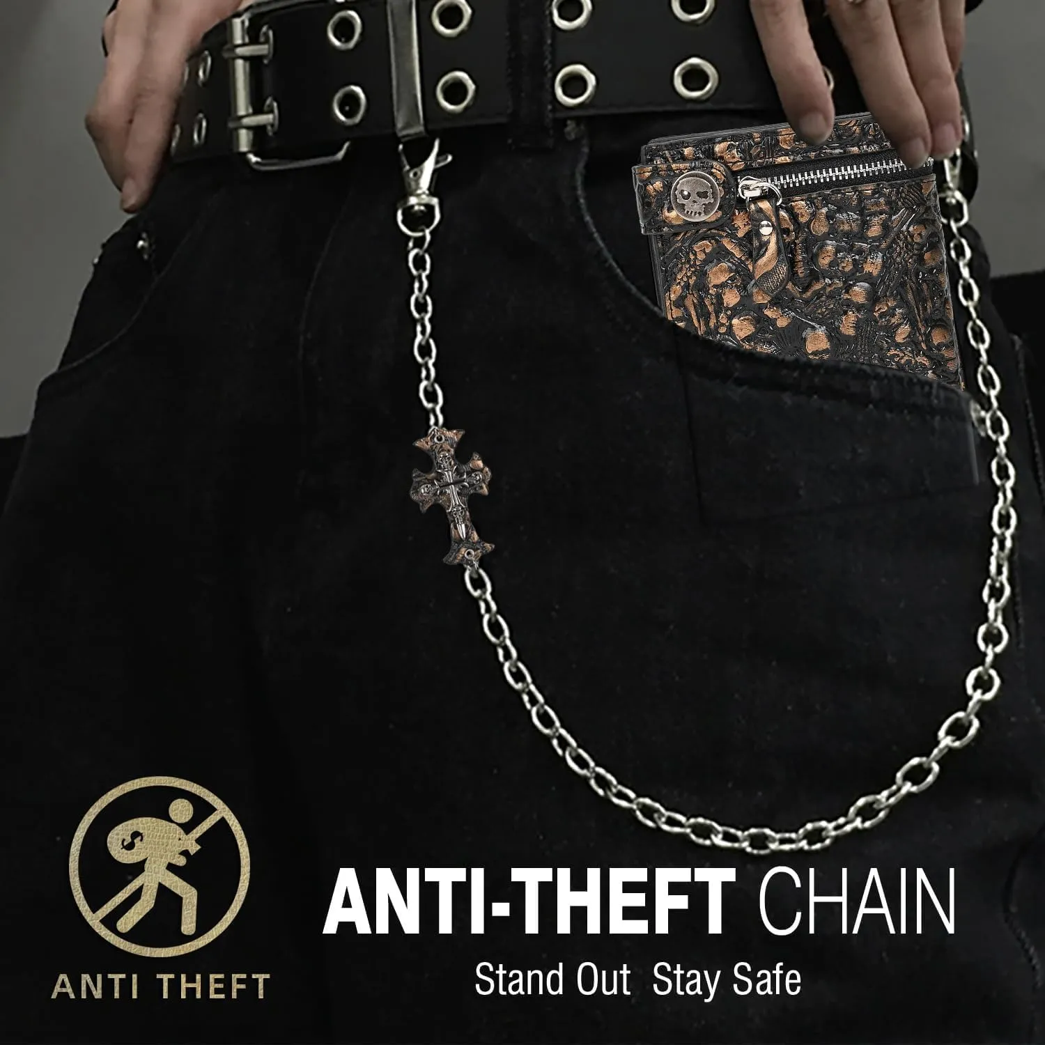 Unisex Gothic Punk Skull Chain Wallet - Bifold Faux Leather, Halloween Goth Accessories - Gold