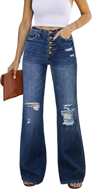 Utyful Women's High Waist Relaxed Fit Ripped Jeans Stretchy Flare Jeans Denim Pants