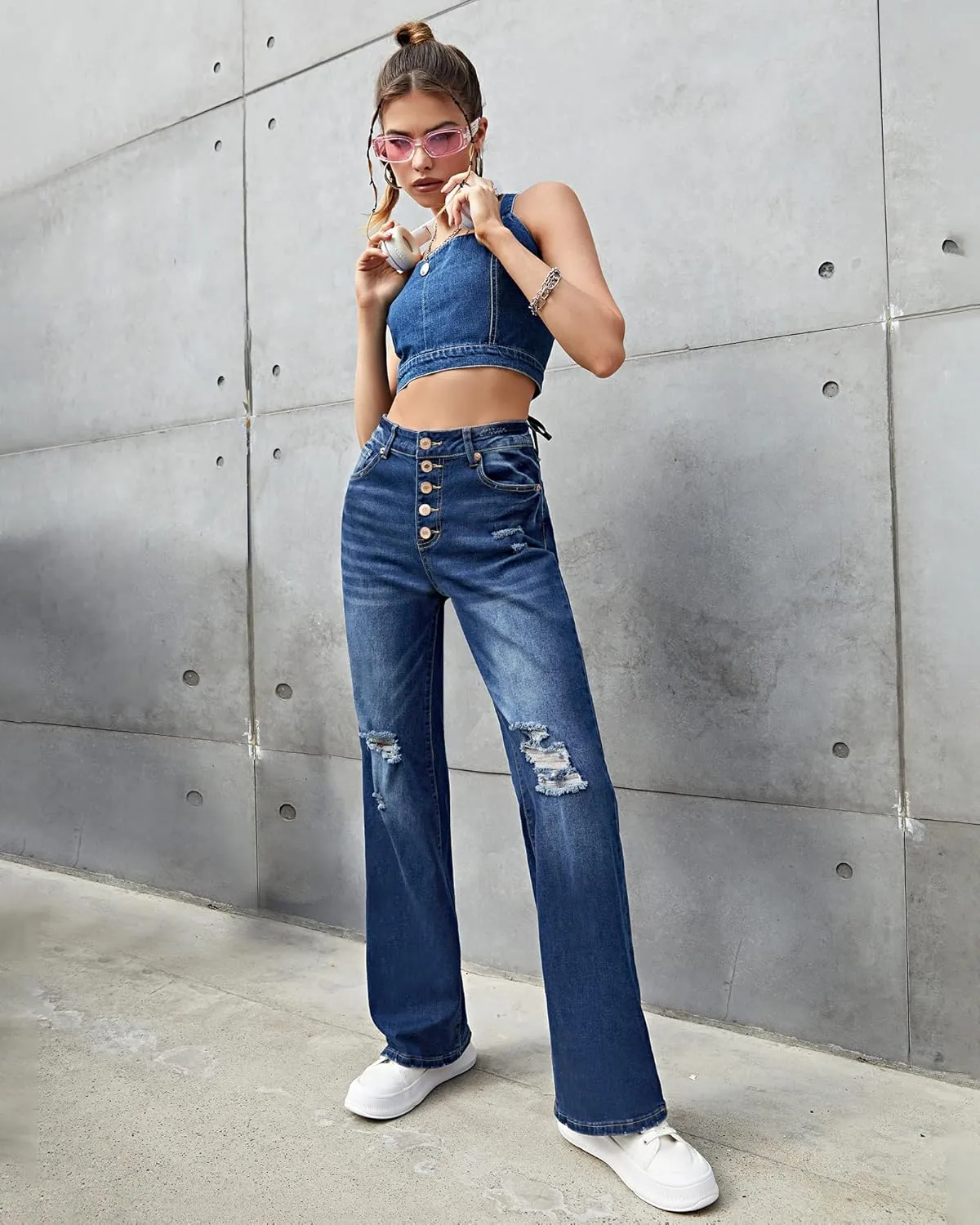 Utyful Women's High Waist Relaxed Fit Ripped Jeans Stretchy Flare Jeans Denim Pants