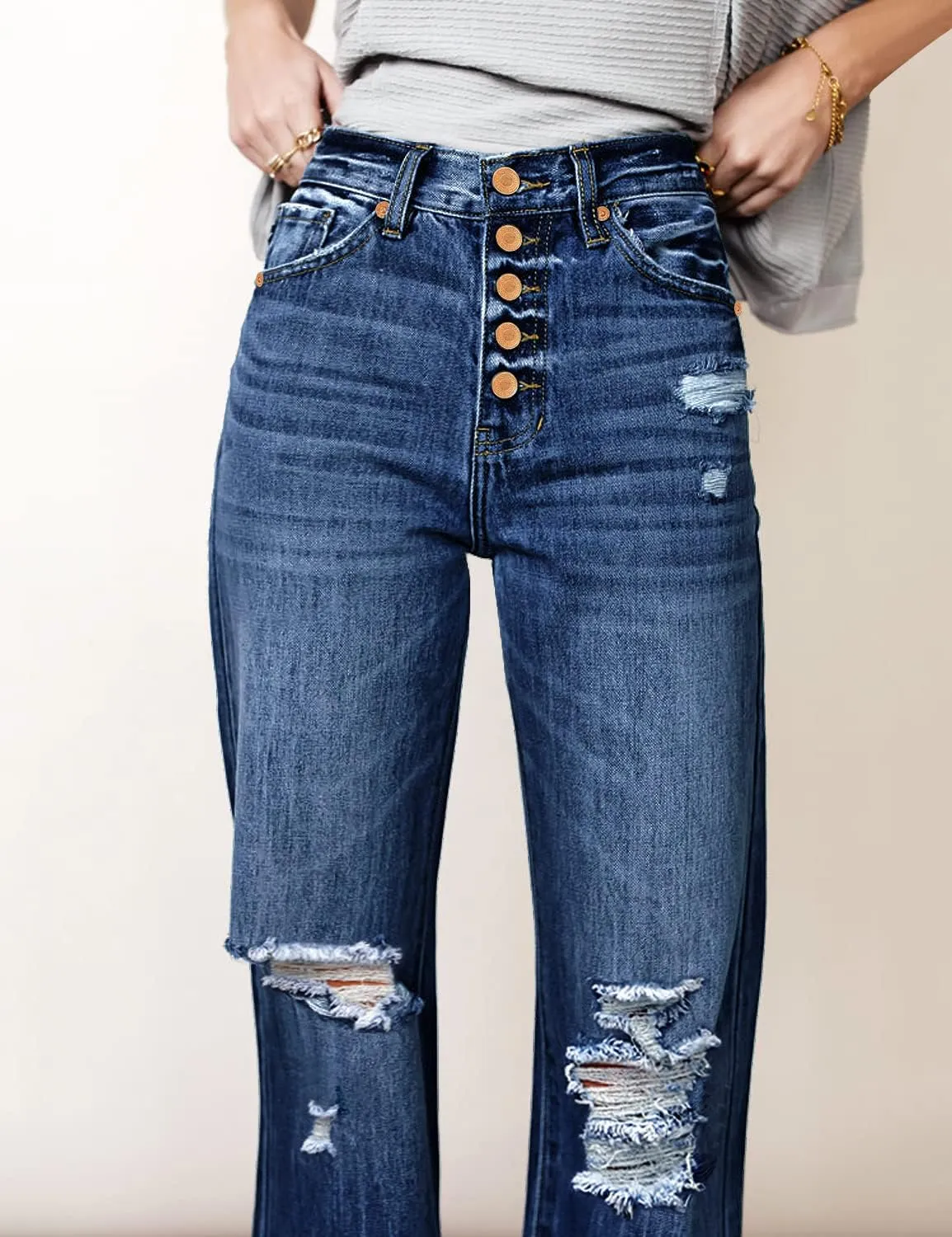 Utyful Women's High Waist Relaxed Fit Ripped Jeans Stretchy Flare Jeans Denim Pants