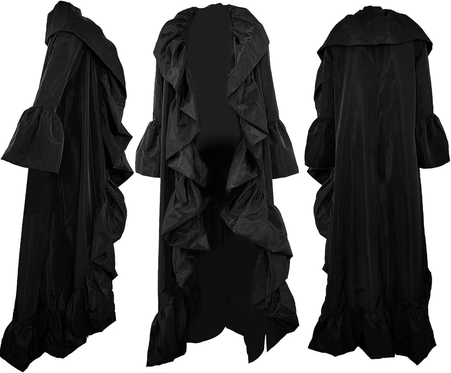 Vakkest Women's Open Front Ruffle Maxi Cardigan Long Sleeve Irregular Hem Asymmetrical Casual Dress Trench Coat Cape