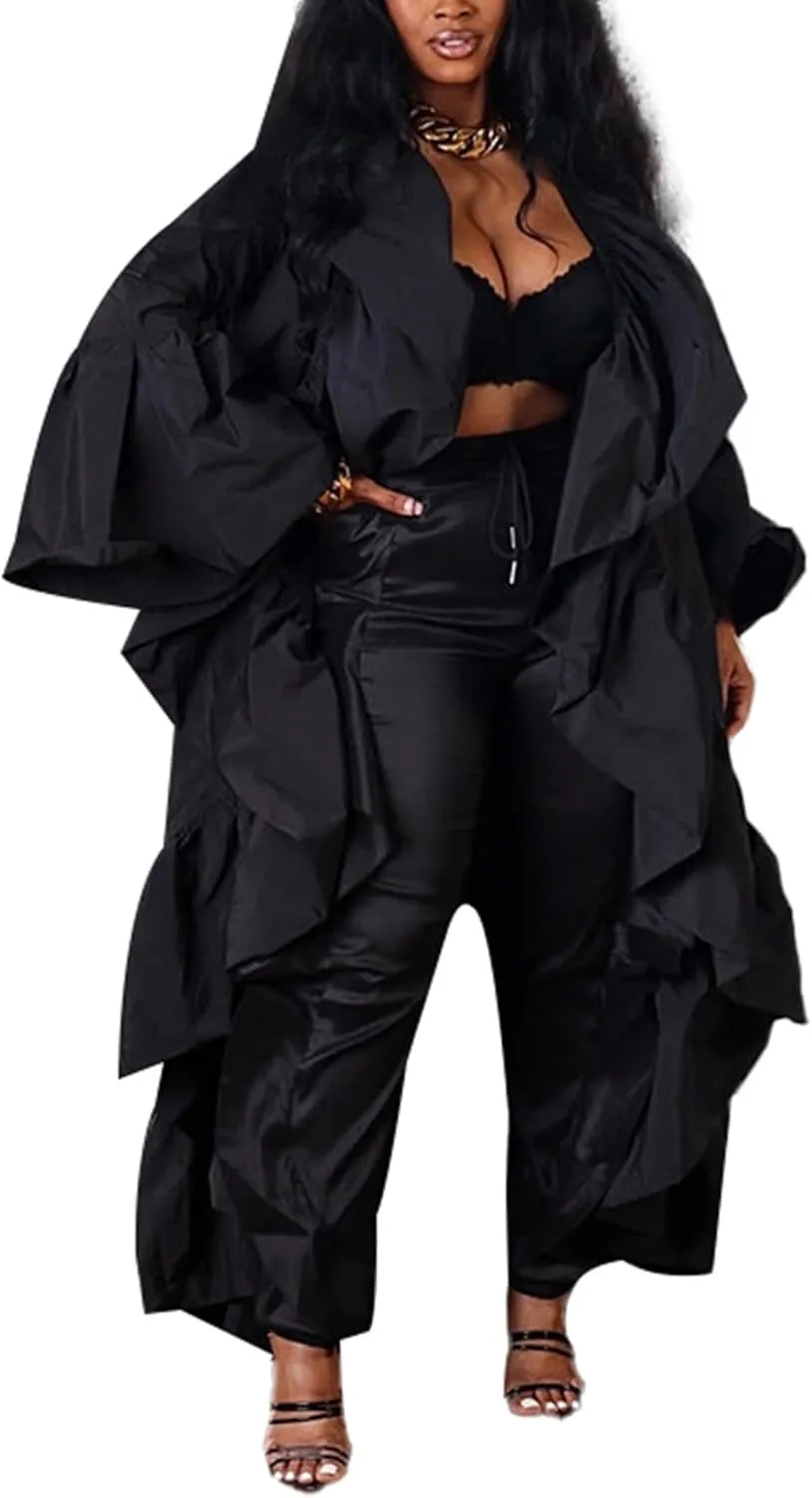 Vakkest Women's Open Front Ruffle Maxi Cardigan Long Sleeve Irregular Hem Asymmetrical Casual Dress Trench Coat Cape