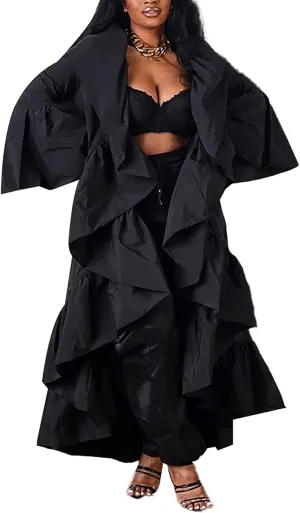 Vakkest Women's Open Front Ruffle Maxi Cardigan Long Sleeve Irregular Hem Asymmetrical Casual Dress Trench Coat Cape