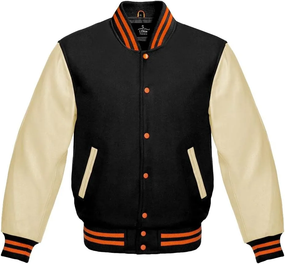 Varsity Jacket Baseball Letterman Bomber Wool & Light Cream Genuine leather Sleeves With Orange Stripe