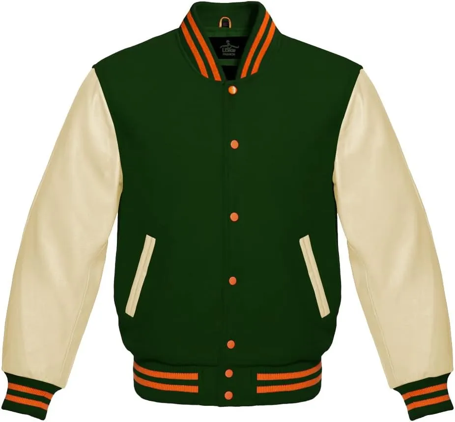 Varsity Jacket Baseball Letterman Bomber Wool & Light Cream Genuine leather Sleeves With Orange Stripe