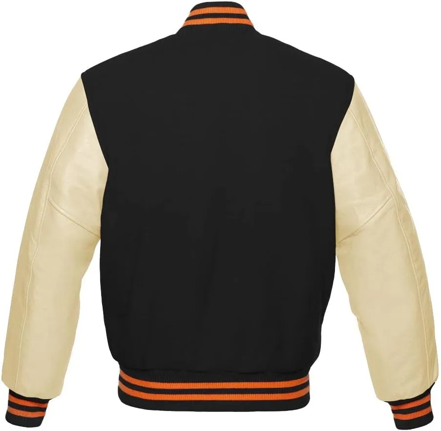 Varsity Jacket Baseball Letterman Bomber Wool & Light Cream Genuine leather Sleeves With Orange Stripe