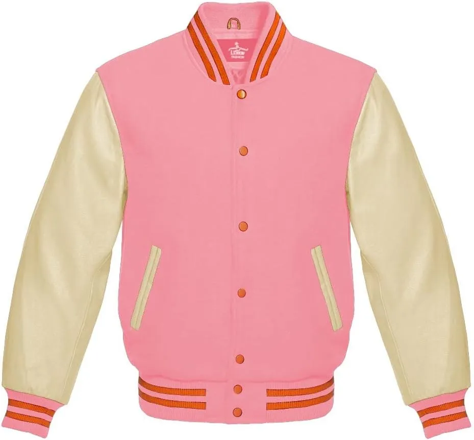 Varsity Jacket Baseball Letterman Bomber Wool & Light Cream Genuine leather Sleeves With Orange Stripe