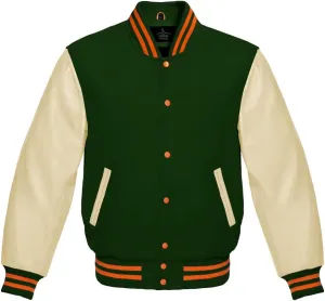 Varsity Jacket Baseball Letterman Bomber Wool & Light Cream Genuine leather Sleeves With Orange Stripe