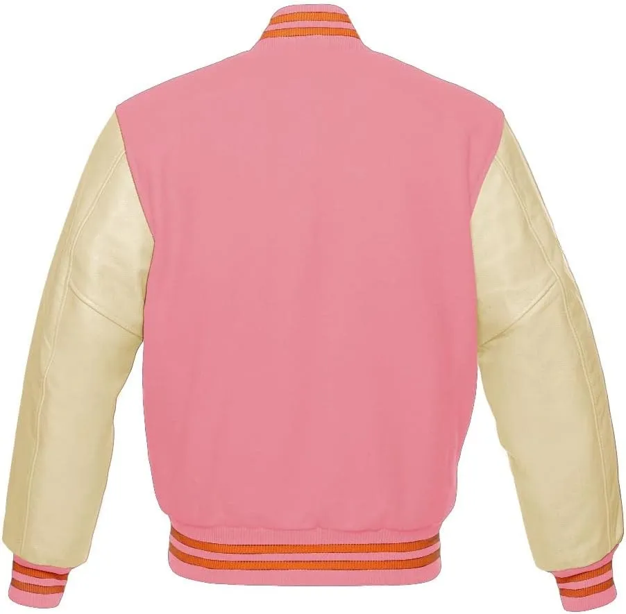 Varsity Jacket Baseball Letterman Bomber Wool & Light Cream Genuine leather Sleeves With Orange Stripe