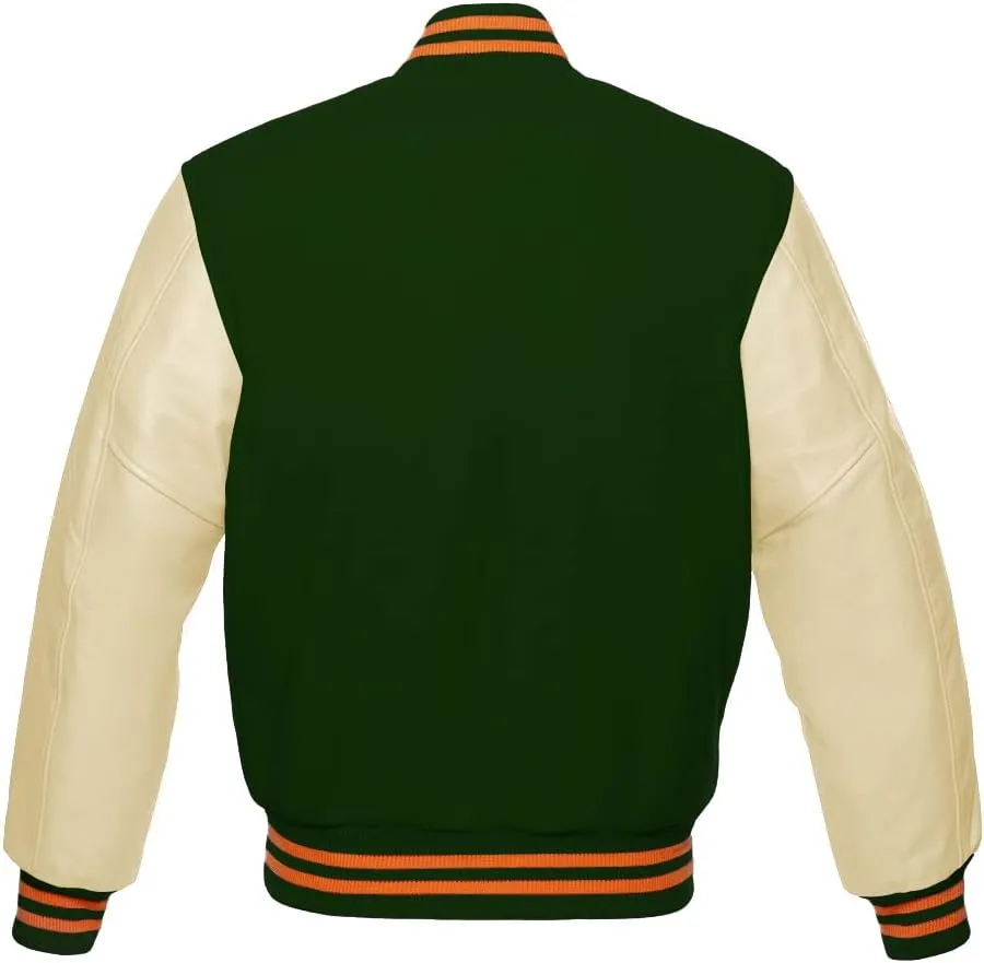 Varsity Jacket Baseball Letterman Bomber Wool & Light Cream Genuine leather Sleeves With Orange Stripe