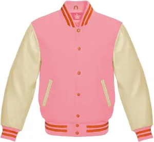 Varsity Jacket Baseball Letterman Bomber Wool & Light Cream Genuine leather Sleeves With Orange Stripe