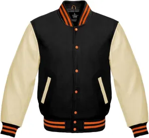 Varsity Jacket Baseball Letterman Bomber Wool & Light Cream Genuine leather Sleeves With Orange Stripe