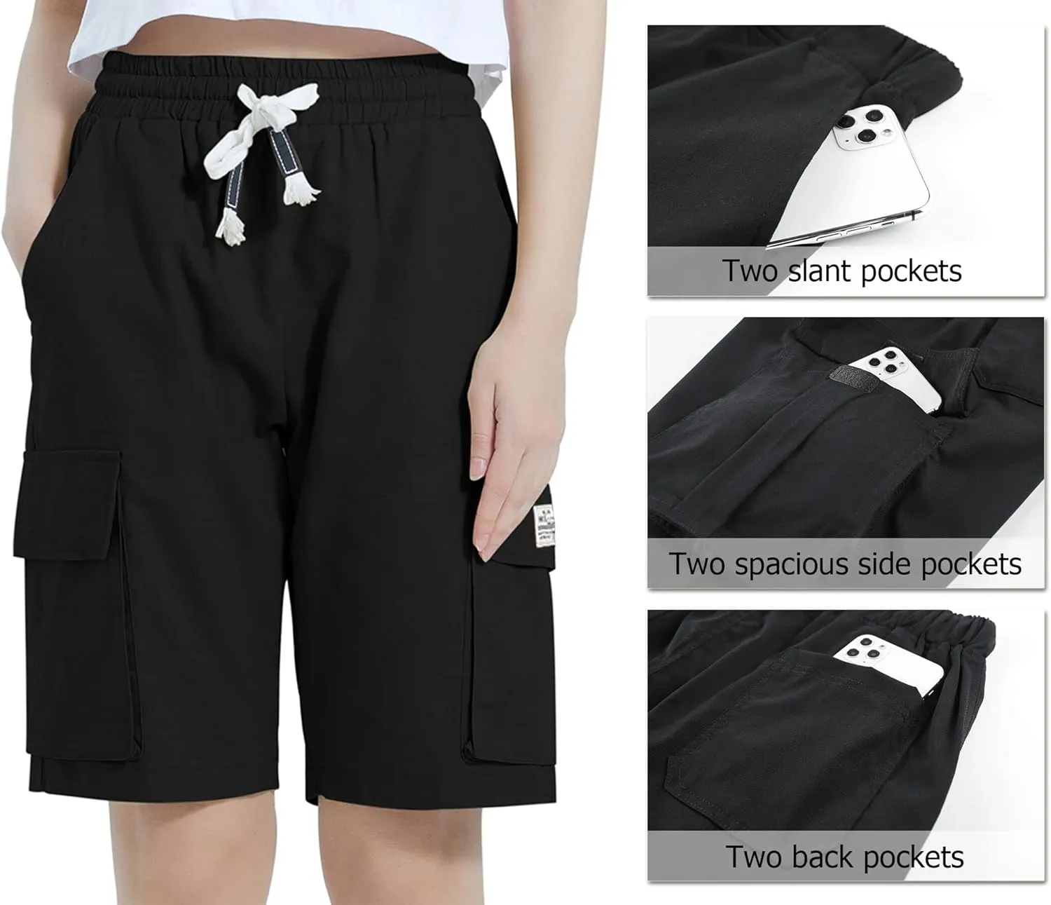 Vcansion Women's Casual Elastic Waist Drawstring Relaxed Fit Multi-Pockets Cotton Cargo Shorts
