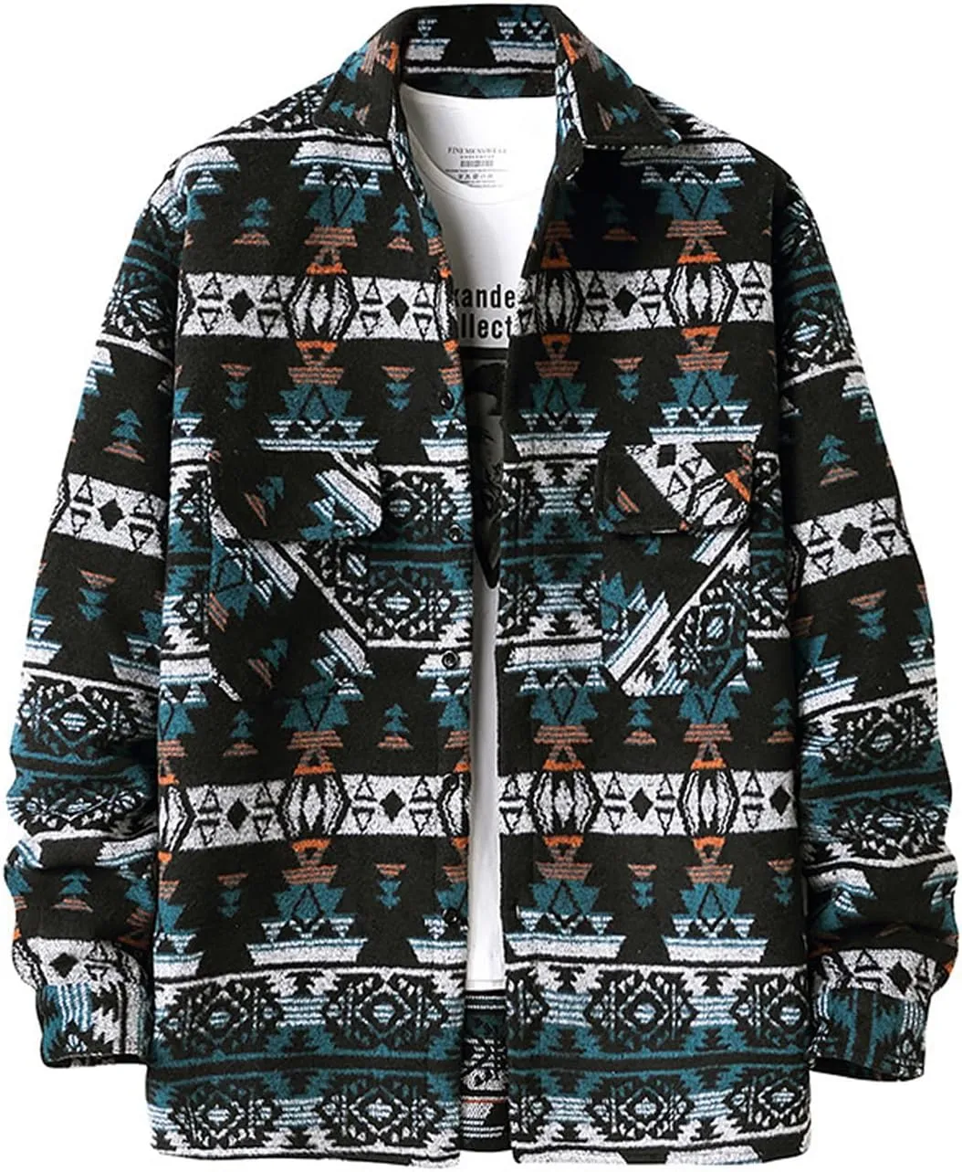 VIEWON Men's Casual Print Button Down Woolen Long Sleeve Lightweight Lapel Western Shacket Jacket Coat