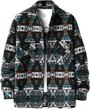 VIEWON Men's Casual Print Button Down Woolen Long Sleeve Lightweight Lapel Western Shacket Jacket Coat