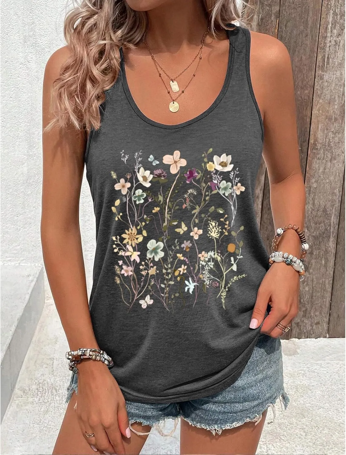 Vintage Floral Flower Tank Tops for Women Boho Wildflowers Graphic Tees Botanical Vest Casual Sleeveless Shirts Tops