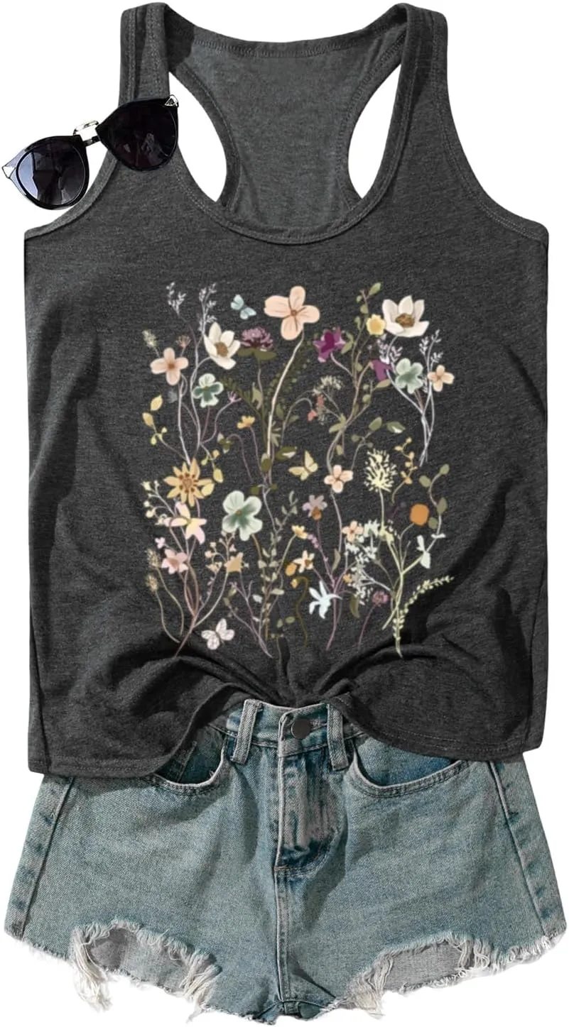 Vintage Floral Flower Tank Tops for Women Boho Wildflowers Graphic Tees Botanical Vest Casual Sleeveless Shirts Tops