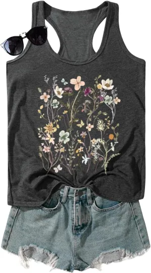 Vintage Floral Flower Tank Tops for Women Boho Wildflowers Graphic Tees Botanical Vest Casual Sleeveless Shirts Tops