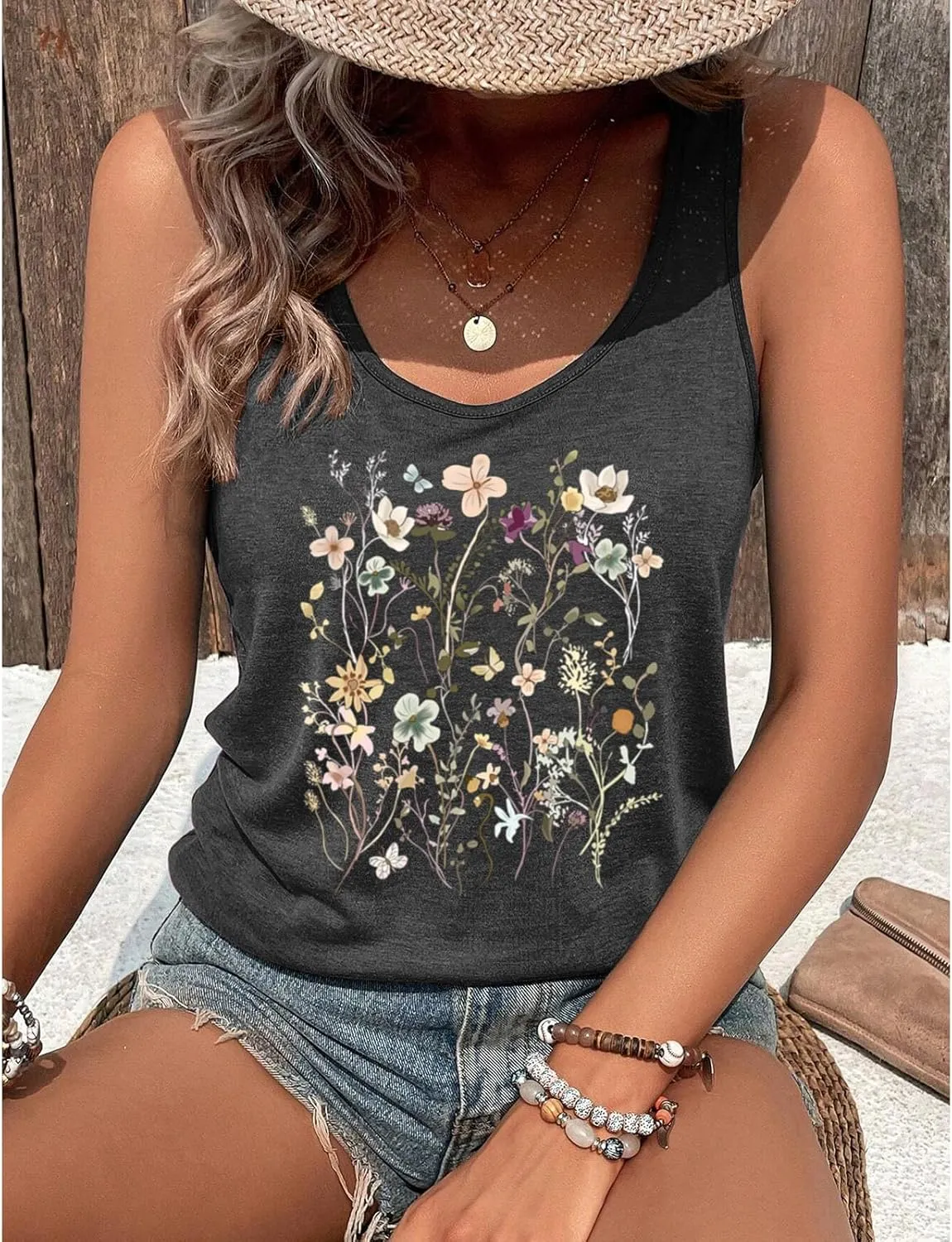 Vintage Floral Flower Tank Tops for Women Boho Wildflowers Graphic Tees Botanical Vest Casual Sleeveless Shirts Tops