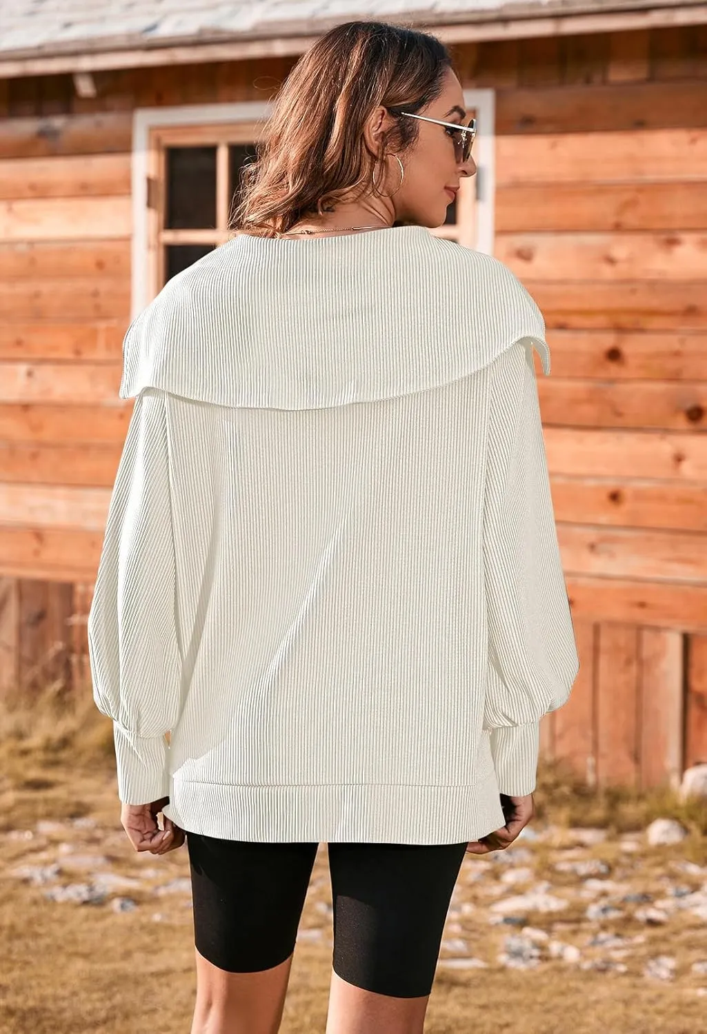 Viottiset Women's Oversized Jacket Sweatshirts Ribbed Full Zip Lapel Collar Sweatshirt Long Sleeve Jacket Pockets
