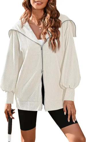 Viottiset Women's Oversized Jacket Sweatshirts Ribbed Full Zip Lapel Collar Sweatshirt Long Sleeve Jacket Pockets