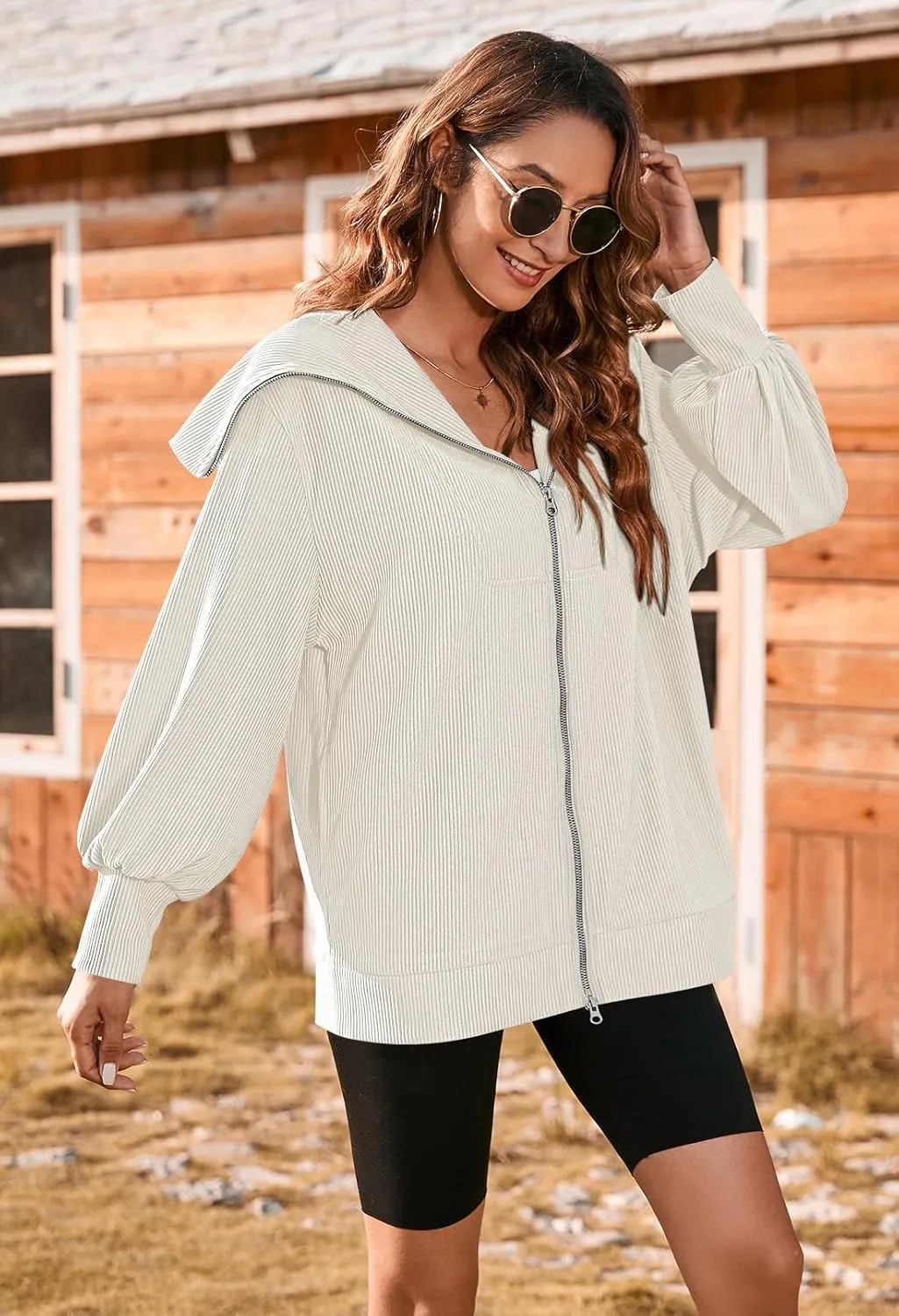 Viottiset Women's Oversized Jacket Sweatshirts Ribbed Full Zip Lapel Collar Sweatshirt Long Sleeve Jacket Pockets