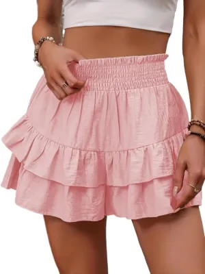 Vogueria Boho Ruffle Skorts, Women's Frill Trim Ruffle Hem Shirred High Waist Shorts