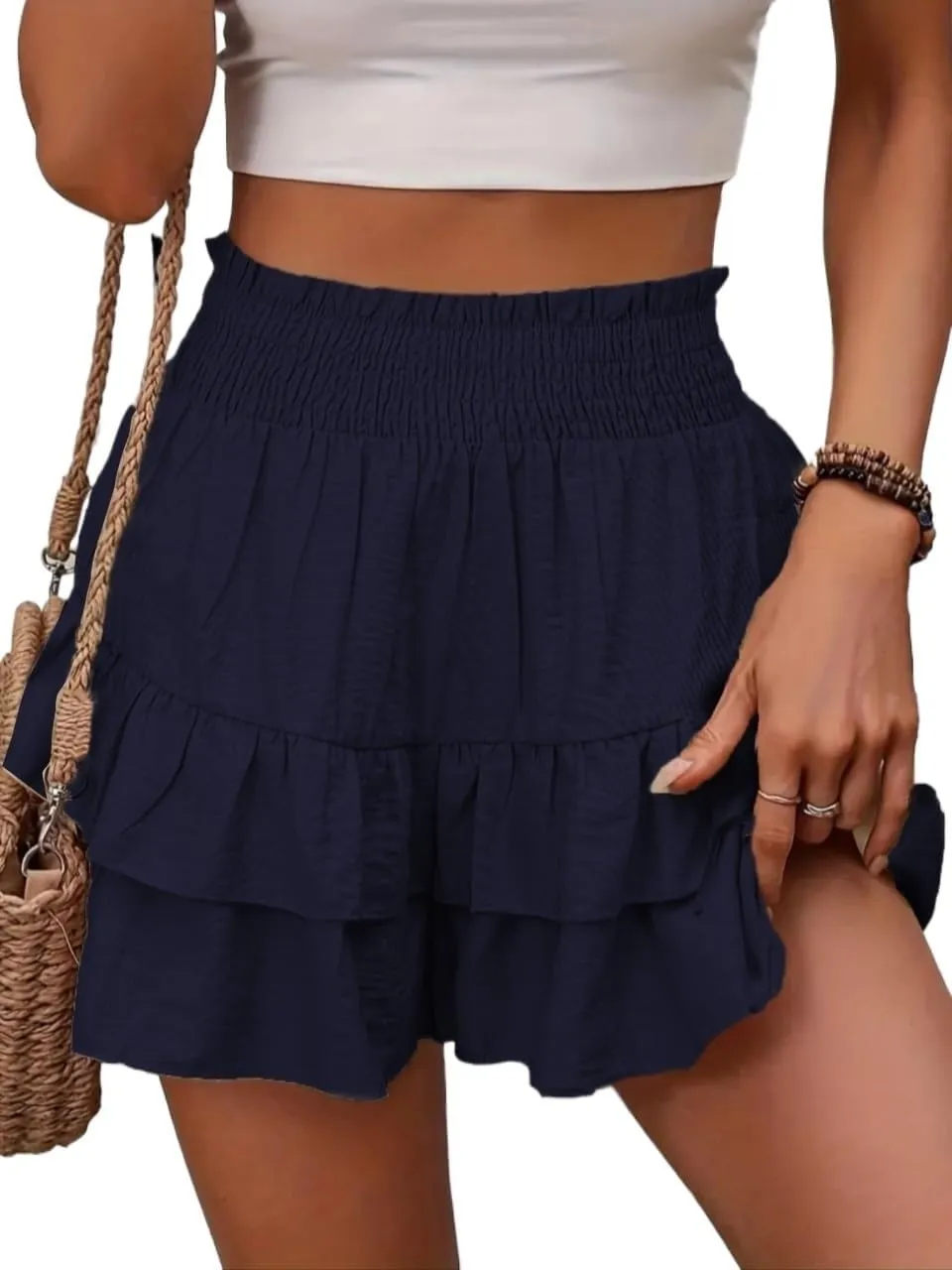 Vogueria Boho Ruffle Skorts, Women's Frill Trim Ruffle Hem Shirred High Waist Shorts