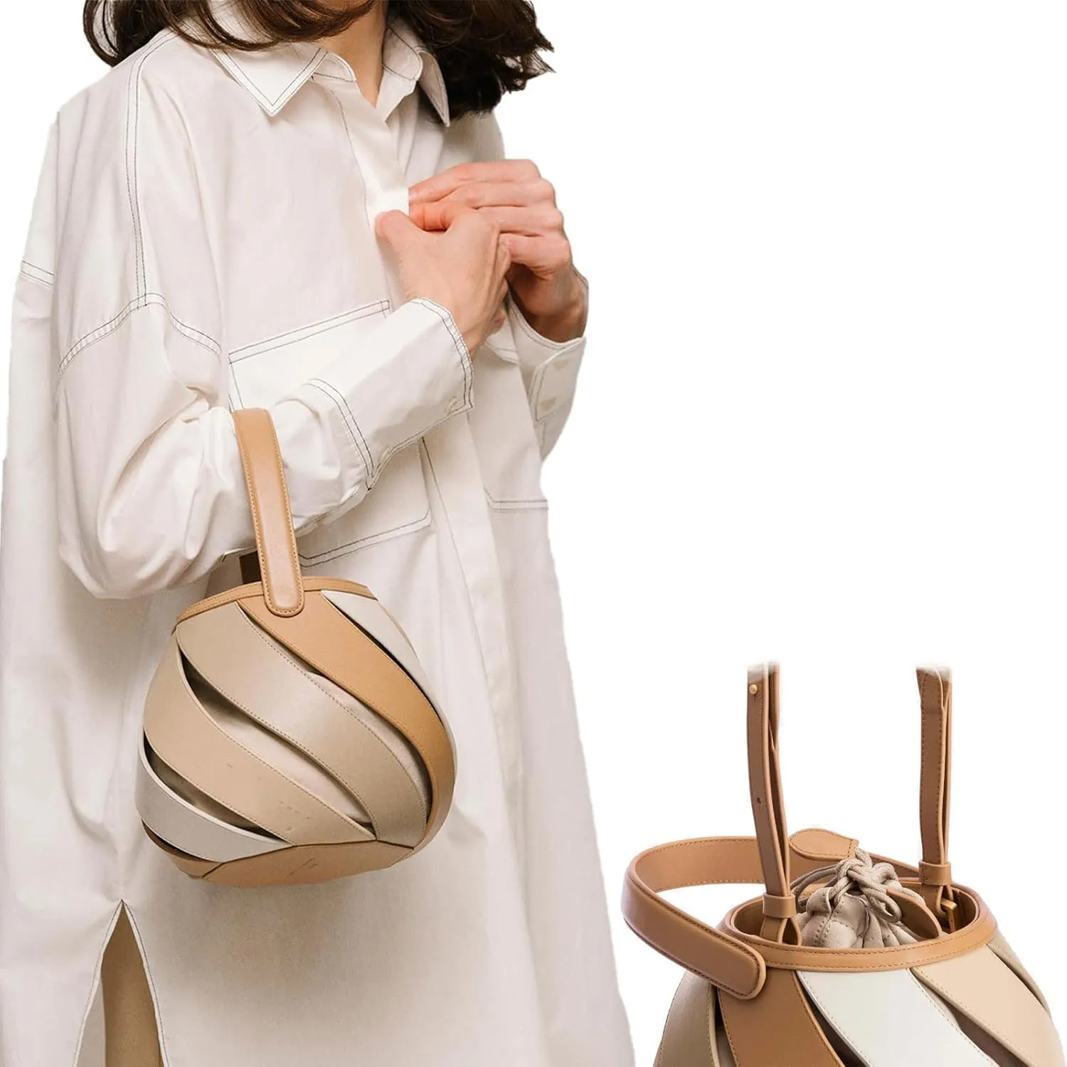 VULORA Cylindrical Color Contrast Hand Messenger Bag Small Trkiye Single Shoulder Women's Bag Ribbed Splicing Bucket Bag