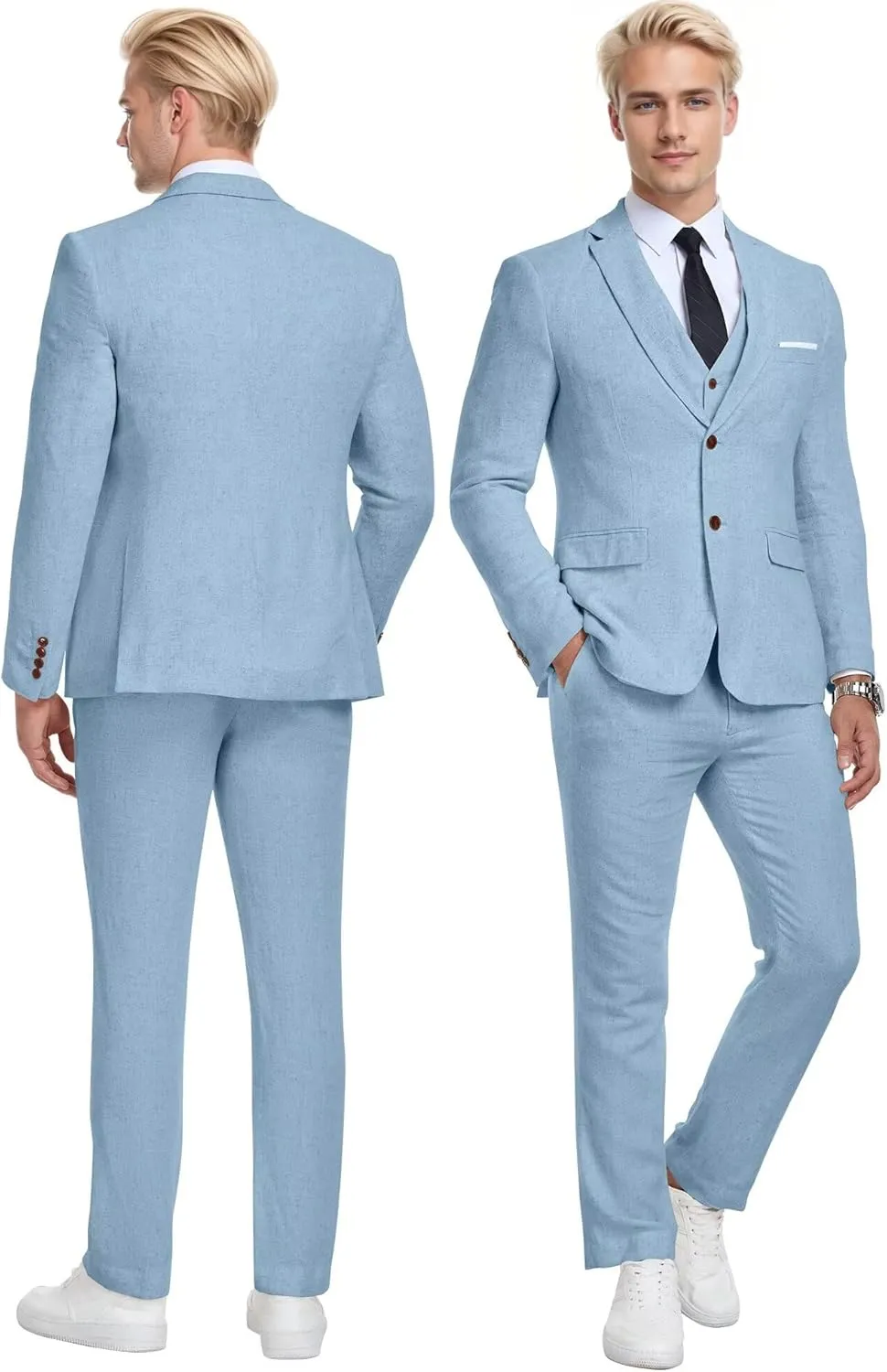 Wehilion Retro Linen Men Suit Beach Wedding Suit Summer Slim Fit 3 Pieces Light Weight Linen Suit Jacket Vest Pant Tuxedo