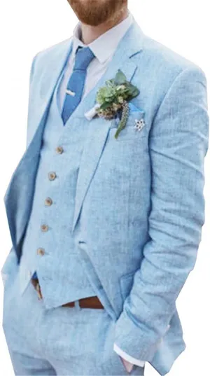 Wehilion Retro Linen Men Suit Beach Wedding Suit Summer Slim Fit 3 Pieces Light Weight Linen Suit Jacket Vest Pant Tuxedo