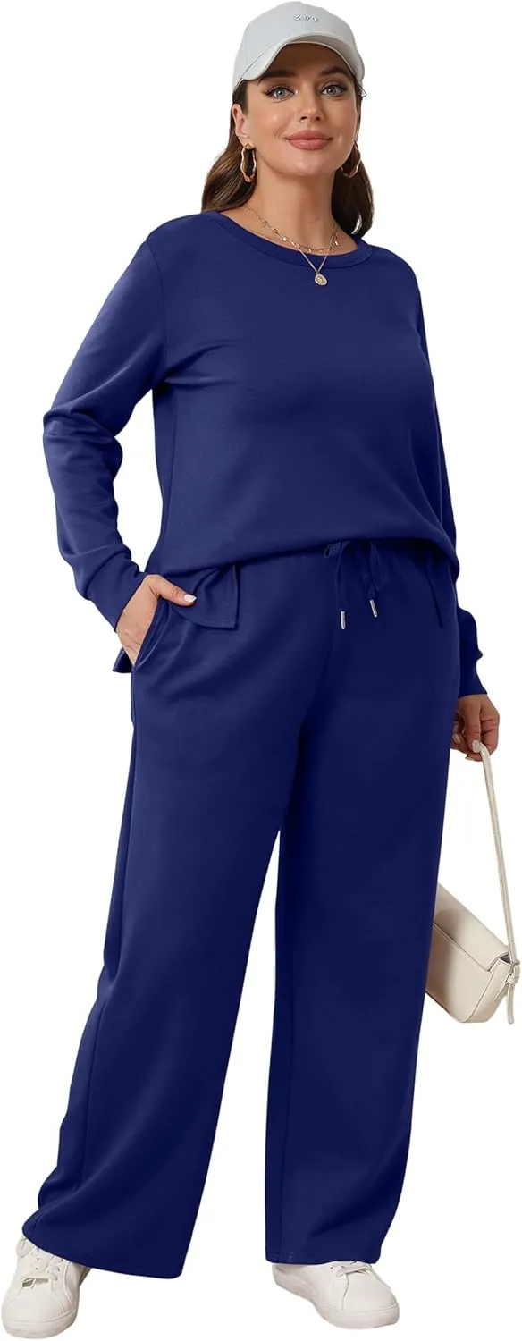 WIHOLL Women's 2 Piece Lounge Sets Sweatshirt Casual Travel Outfits Fashion Wide Leg Tracksuit Cozy Sweatsuits