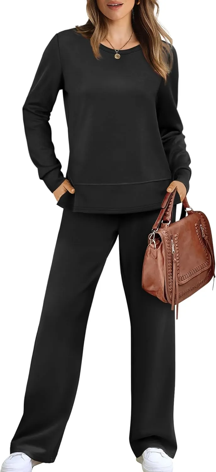 WIHOLL Women's 2 Piece Lounge Sets Sweatshirt Casual Travel Outfits Fashion Wide Leg Tracksuit Cozy Sweatsuits