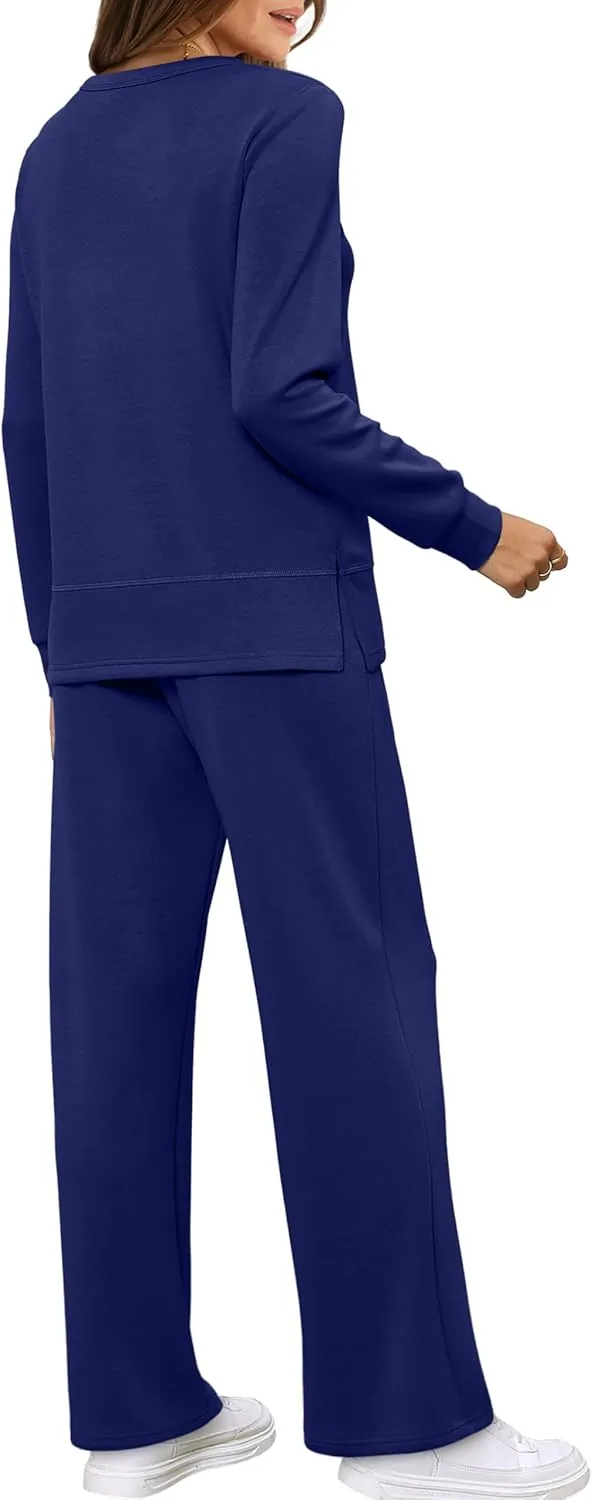 WIHOLL Women's 2 Piece Lounge Sets Sweatshirt Casual Travel Outfits Fashion Wide Leg Tracksuit Cozy Sweatsuits