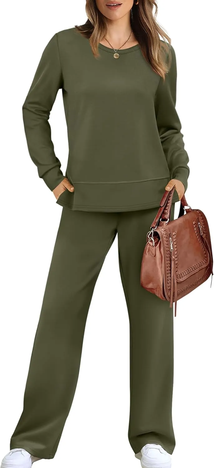 WIHOLL Women's 2 Piece Lounge Sets Sweatshirt Casual Travel Outfits Fashion Wide Leg Tracksuit Cozy Sweatsuits