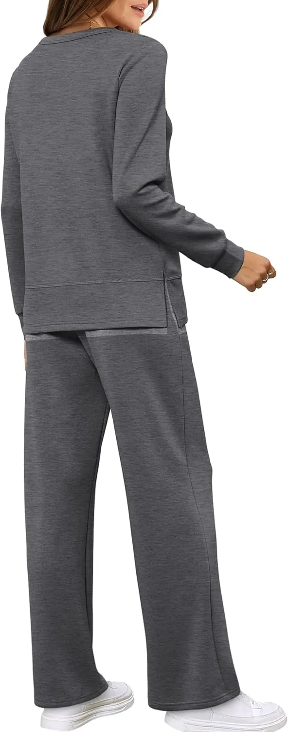 WIHOLL Women's 2 Piece Lounge Sets Sweatshirt Casual Travel Outfits Fashion Wide Leg Tracksuit Cozy Sweatsuits
