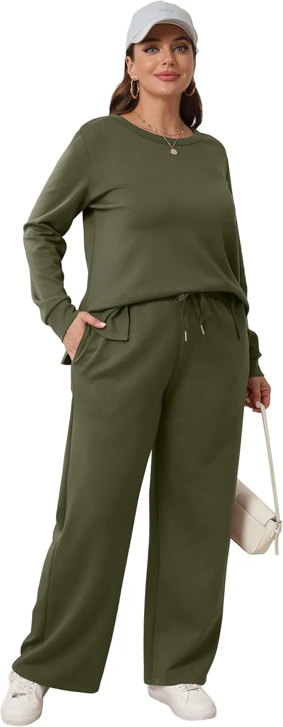 WIHOLL Women's 2 Piece Lounge Sets Sweatshirt Casual Travel Outfits Fashion Wide Leg Tracksuit Cozy Sweatsuits