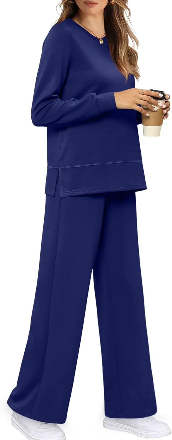 WIHOLL Women's 2 Piece Lounge Sets Sweatshirt Casual Travel Outfits Fashion Wide Leg Tracksuit Cozy Sweatsuits